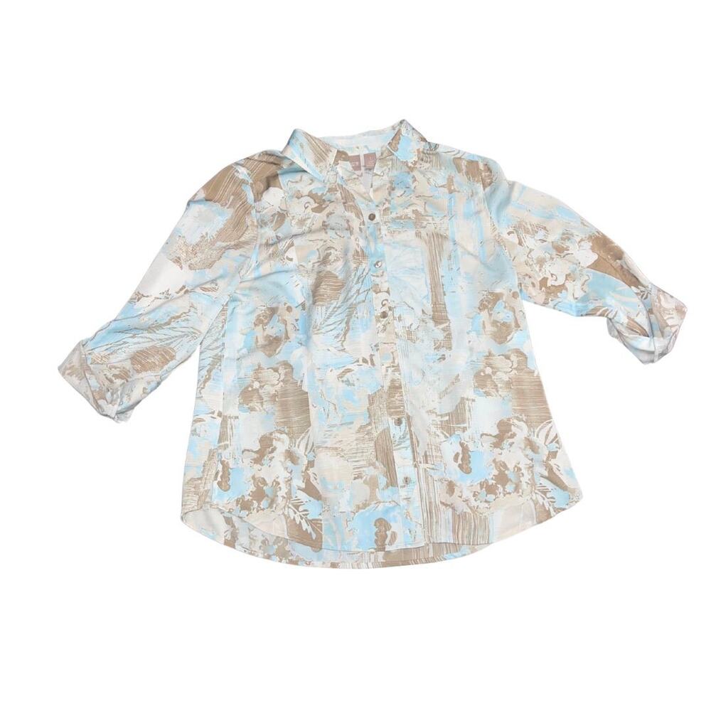 Chico's Multi Color Roll tab Sleeve Button up Blouse SZ 1 Medium Casual Chic Top